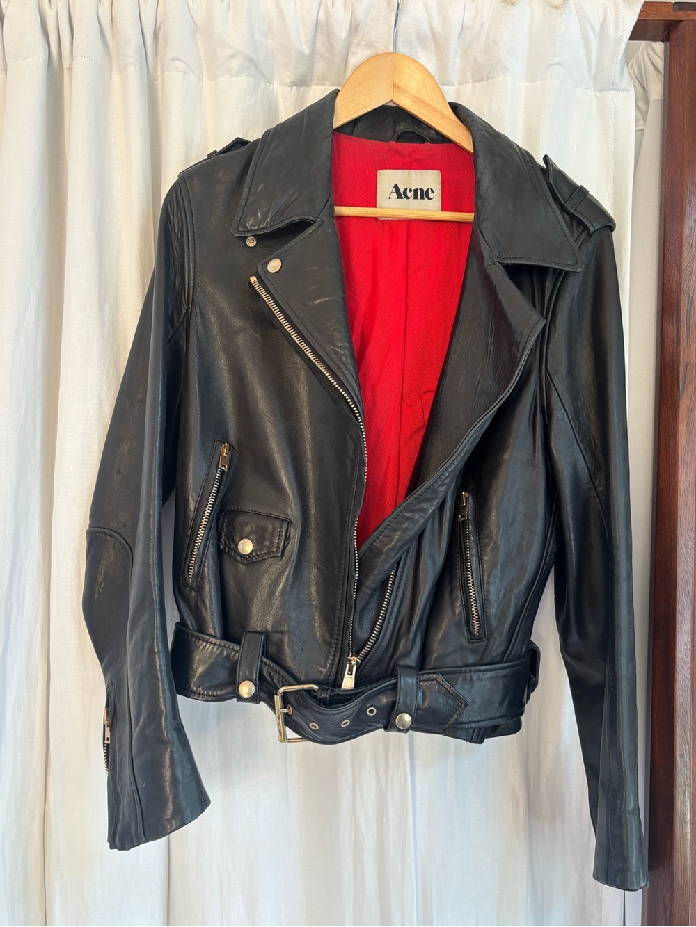 Acne Black Leather Biker Jacket with Red Lining